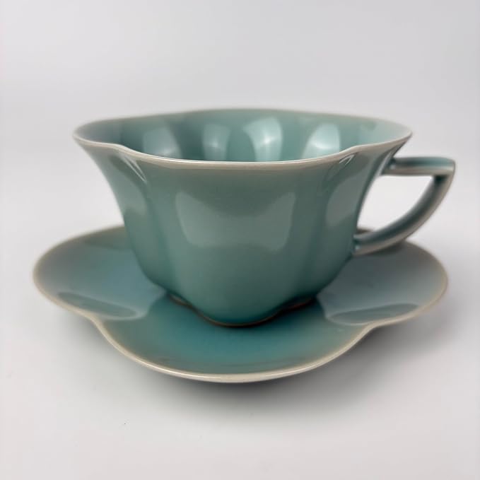 Ceramic Lotus Flower Cup and Saucer Set, Glazed Finish, Tea Cup with Matching Saucer, Green and Teal (Sky blue glaze)