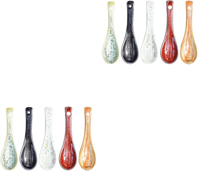 10PCS Asian Ceramic Soup Spoons with Handle Non-slip Design Tableware for Ramen Wonton Noodle Soup Dinnerware Kitchen Accessories - Colorful