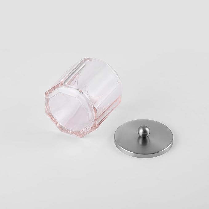 Blush Translucent Apothecary Octagional Shaped Glass Canister Jar With Metal Lid Cover for Bathroom Organization, Cotton Balls, Q Tips, and Small Accessories, Bathroom Storage