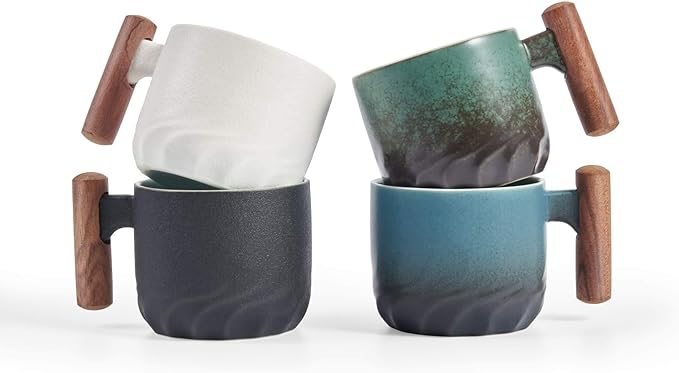 Ceramic Espresso Cups with Wooden Handle Espresso Shot Cups Ceramic Tea Cups Porcelain Demitasse Cups for Coffee or Tea, 2oz (black, 2)