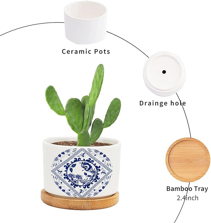 Chinese Style Blue And White Porcelain Print Ceramic Pots for Plants with Drainage Holes Round Flower Pot Bamboo Tray Orchid Pot Succulents Pots for Outdoor Indoor Plants,Housewarming Gifts