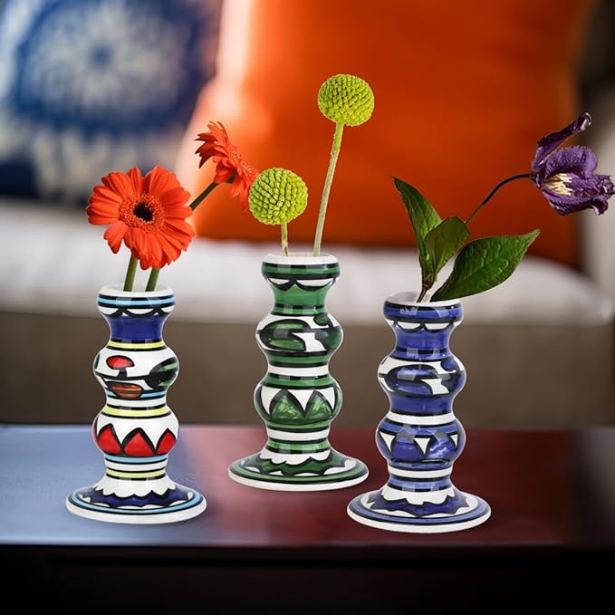 Vixdonos Painted Ceramic Vase Colorful Bud Vase Set of 3 Small Flower Vase Rustic Mini Vases in Bulk for Home Decor, Wedding and Dinner Party(Multicolor)