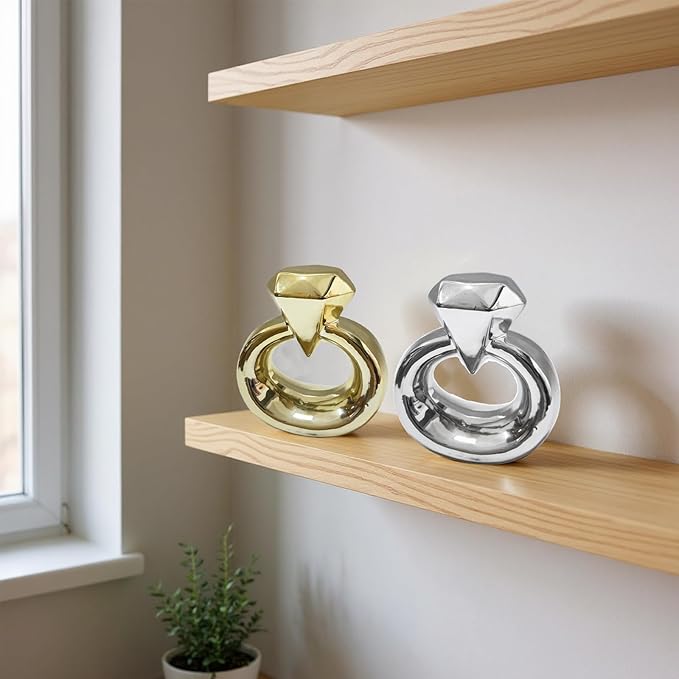 Zerzsy Set of 2 Statues Figurine Home Decor, Golden Modern Abstract Statue for Living Room Bedroom Shelves Wedding Decoration, Large Diamond Ring Love Decorative Sculpture-Gold & Silver