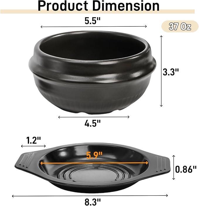 Korean Stone Bowl, Ceramic Korean Cooking Stone Pot Set with Tray, 37 Oz Dolsot Bibimbap Sizzling Hot Pot Soup Cookware for Korean Restaurants, Rice, Soup, Noodle