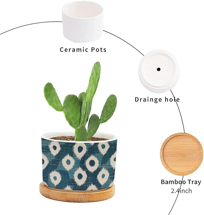 Blue and Ikat Bukhara Ceramic Planters Antique Ikat in Teal Planters for Indoor Plants with Drainage Holes and Saucers Pot for Home Office Desk Garden