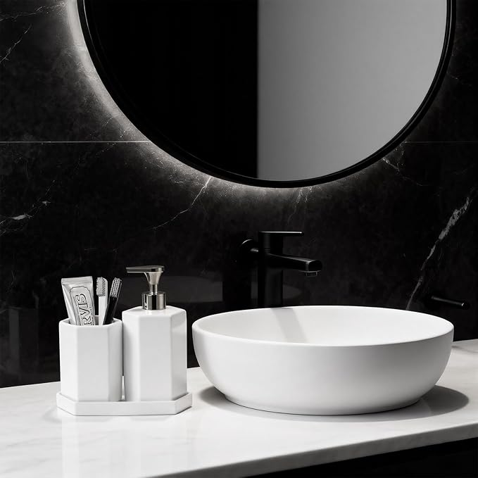 Silver Soap Dispenser Pump Ceramic Bathroom Accessories Complete with Soap Dispenser, Toothbrush Holder, Bathroom Tumbler, and Vanity Tray - Modern Bathroom Decor,3PCS