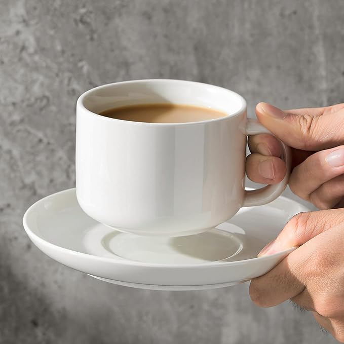 8oz Cappuccino Cups Set of 6, Ceramic Coffee Cups and Saucers Set with Spoons, Off-white Durable Coffee Cups for Cappuccino Espresso Latte Mocha Au Lait Macchiato Cafe