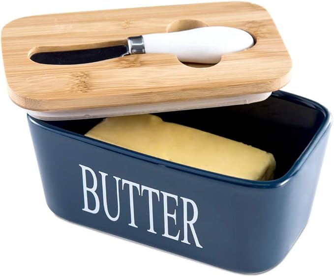 Hasense Porcelain Butter Dish with Bamboo Lid - Covered Butter Keeper with Butter Knife for Countertop, Airtight Butter Container with Cover Perfect for East West Coast Butter, Blue