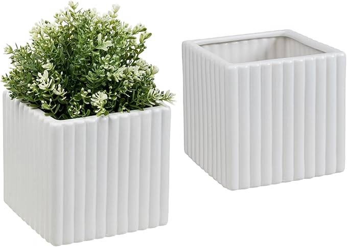 MyGift 6.3 Inch Square Vintage White Ceramic Succulent Planter Pot with Vertical Ribbed Design, Indoor Mini Flower Plant Pots, Set of 2