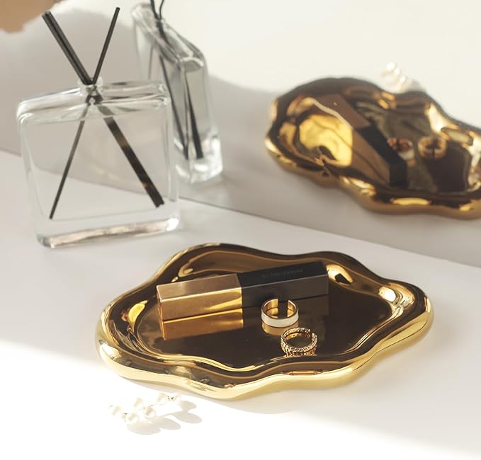 Jewelry Dish Trinket Tray for Women, Ring Dish Holder, Unique Cloud Shape Ceramic Plate Cute Things Vanity Aesthetic Room Decor Mother's Day Birthday (Gold)