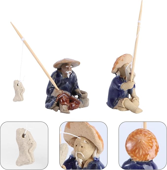 Happyyami Mini Sand Miniature Ornaments Flowerpot Small Sitting Accessory Man Decors Figurines Decor Mudman Environments Flower Aquarium Asian Exotic Plant Ceramics Fisherman Pot Figures