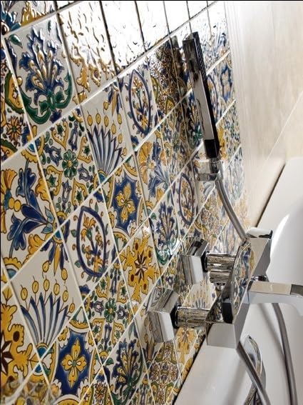 DYARI Set of 9 Decorative Ceramic Tiles – Hand Painted Indoor & Outdoor – Artisan Top Kitchen – Mediterranean Decorative 4x4 / One Tile Durable Colorful (Mediterranean, 45 Tiles (5 Sq Ft))