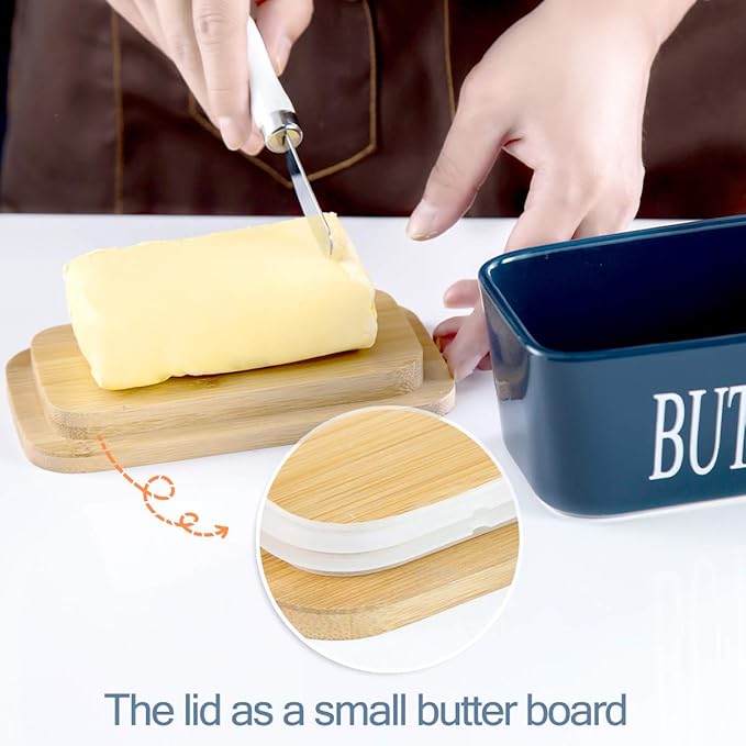 Hasense Ceramic Butter Dish, Large Butter Dish with Lid for Countertop, Farmhouse Butter Holder for Refrigerator, Airtight Butter Container with Cover,Blue