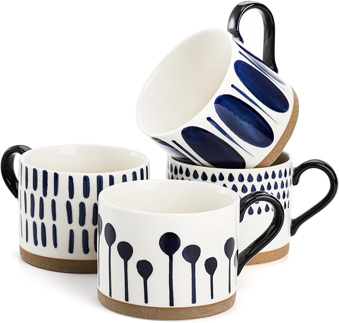 SOUJOY Set of 4 Large Ceramic Coffee Mugs, 15 Oz Hand Painted Coffee Cups with Handles, Vintage Glazed Porcelain Soup Mugs for Tea, Hot or Cold Drinks, Best Gifts for Birthday, Thanksgiving, Christmas
