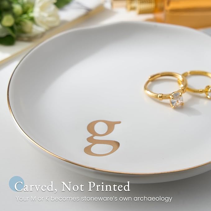 Lolalet Handmade Ceramic Ring Dish Jewelry Tray Plate with Initial, Small Monogram Gift for Her Women Girls Mother, Hostess, Engagement, Bridal Shower, Maid of Honor, Bridesmaid, Birthday, Christmas