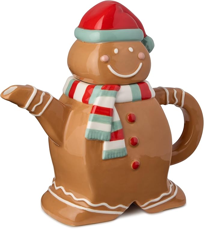 Christmas Whimsy Gingerbread Teapot – 3D Ceramic Holiday Teapot with Festive Red Hat & Scarf, Whimsical Kitchen Décor, Giftable Christmas Serveware, Cocoa & Tea Pot for Entertaining