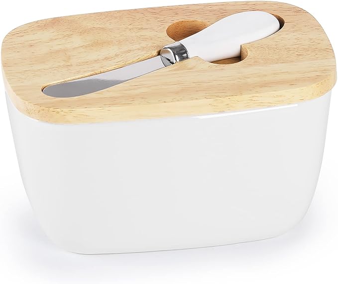 GDCZ Large Ceramic Butter Dish for Countertop - Butter Keeper with Silicone Sealing, Natural Wooden Lid and Stainless Steel Knife, Kitchen Decor for Kitchen Gifts (White Larger Capacity)