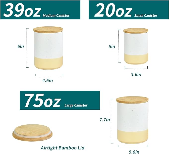 ARTONUSA 3-Pack Ceramic Kitchen Canister Set with Airtight Wood Lids, Food Storage Jars for Countertop (75oz/39oz/20oz, White)