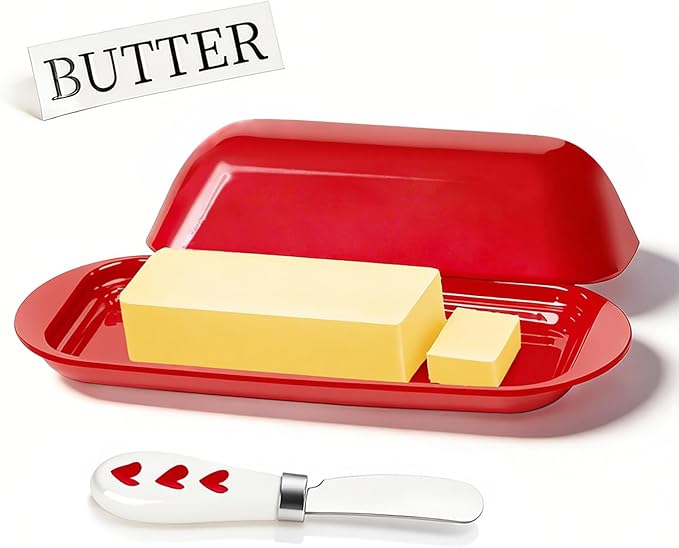 BPA-Free Melamine Butter Dish with Lid & Stainless Steel Knife - Farmhouse Butter Keeper for Countertop & Refrigerator, Dishwasher Safe, Holds 1 Stick with East & West Coast Butter-Red Heart