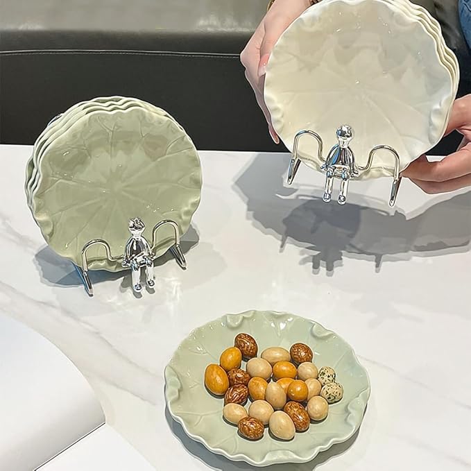 WAIT FLY 4PCS Lotus Leaf Ceramic Dessert Plates 6 Inch Snack Plates Serving Plates for Cake Appetizer Dried Fruit-Green