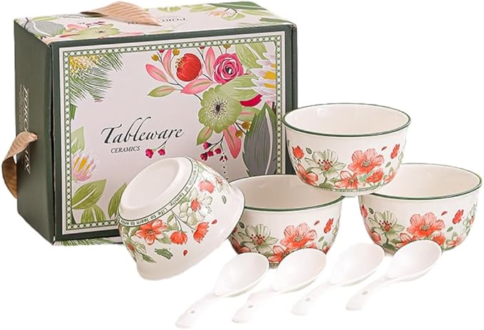 Premium Ceramic Dinnerware Set – Floral Bowls & Plates Set, Elegant Hand-Painted Design, Microwave Safe, Ideal for Wedding/Housewarming/Corporate Gifts (Blossoms, 4*bowls+spoons)