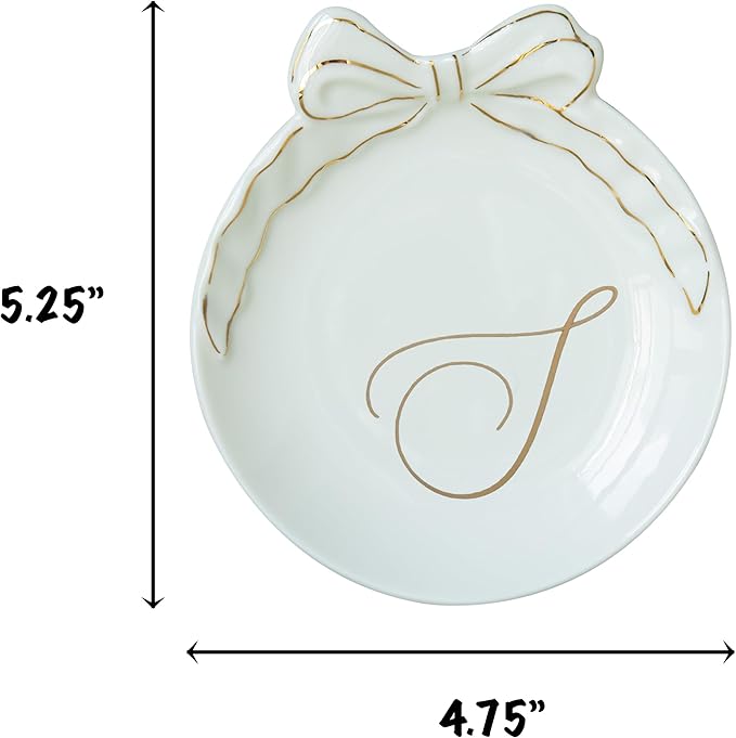 COLLECTIVE HOME Custom Initial Ceramic Jewelry Tray with Bow - Ring Holder & Earring Dish | Christmas Gift Idea for Women, Unique Birthday Present for Her (S)