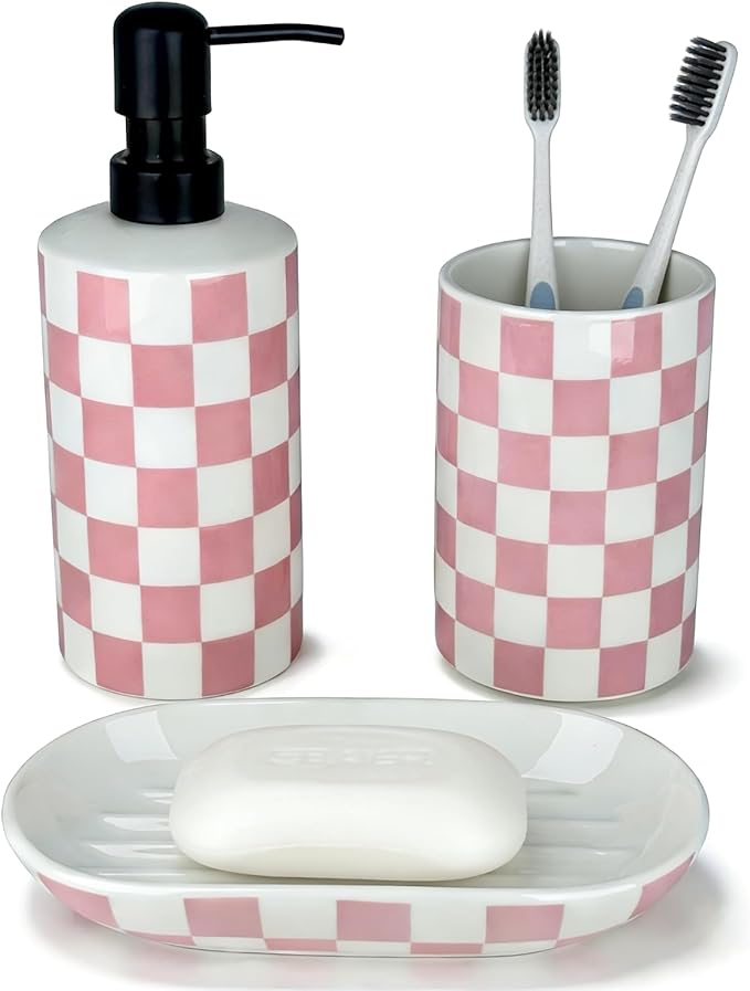 Pink Bathroom Toothbrush holder set, Cute Ceramic Bathroom Accessories, Includes Hand Soap Dispenser, Tooth Brush Holder, and Soap Dish, Funny Bathroom Accessories sets for Girls Woman Guest Bathrooms