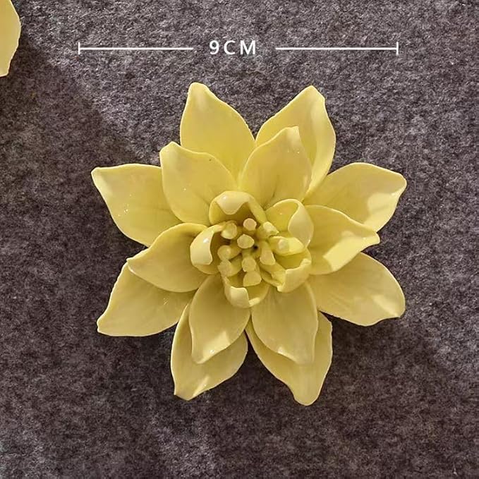 Ceramic Flower Wall Art, Artificial 3D Flower Wall Art, Handmade 3D Wall Art Hanging Sculpture, Porcelain Flower Wall Decoration for Home Office Decor (Yellow,Magnolia,3.54")