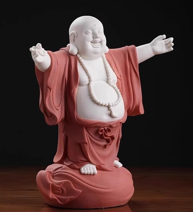RUVOO Buddha Statue Outdoor, 12.2inch Buddha Statue Ceramics Sculptures Big Belly Happy Laughing Buddha for Home Office Desktop Decor Zen Garden Decor(C)