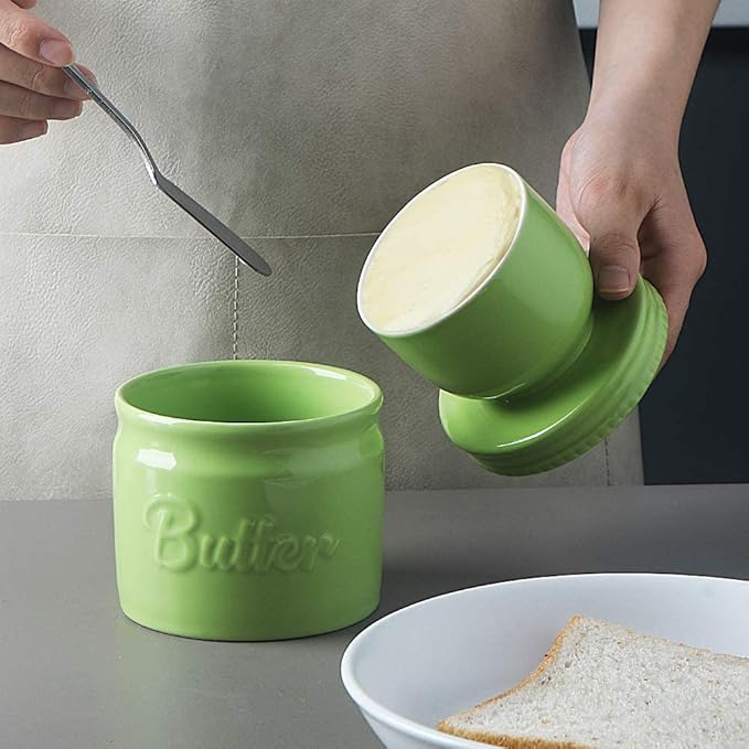 SWEEJAR Porcelain Butter Keeper Crock, French Butter Dish with Water Line, Ceramic Butter Container for soft butter (Green)