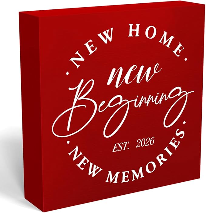 MUBIAO Rustic 2026 New Home Housewarming Gifts Ideasfor Women Men Friend Home Desk Shelf Decor - 5.1 x 5.1 Inches New Memories Decor Accessories - Red