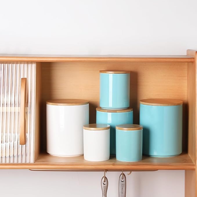Sweejar Kitchen Canisters Ceramic Food Storage Jar Set, Stackable Containers with Airtight Seal Wooden Lid for Serving Ground Coffee, Tea, Herbs, Grains, Sugar, Salt - Set of 4 (Turquoise)