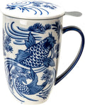 Urban Tokyo Tea Mug With Lid and Stainless Steel Infuser For Loose Leaf Tea Bag Tea Cup 15oz Porcelain Hot Beverage Everyday Use Home Office (Koi Fish)