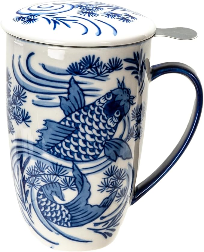 Urban Tokyo Tea Mug With Lid and Stainless Steel Infuser For Loose Leaf Tea Bag Tea Cup 15oz Porcelain Hot Beverage Everyday Use Home Office (Koi Fish)