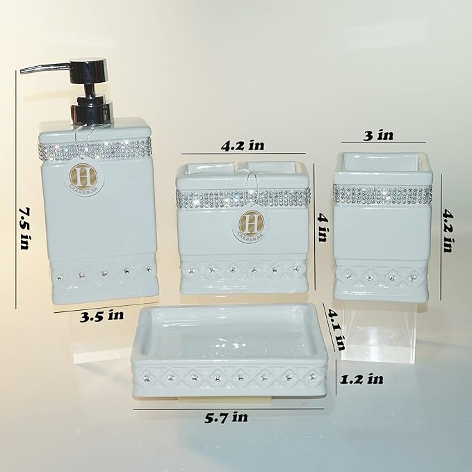 Bathroom Accessories Set 4 Pcs-Ceramic Gift Set Soap Dispenser Pump & Toothbrush Holder & Tumbler Cup & Soap Dish - Bathroom Home Decor Clearance, Countertop Vanity Organize (15 Ounce)