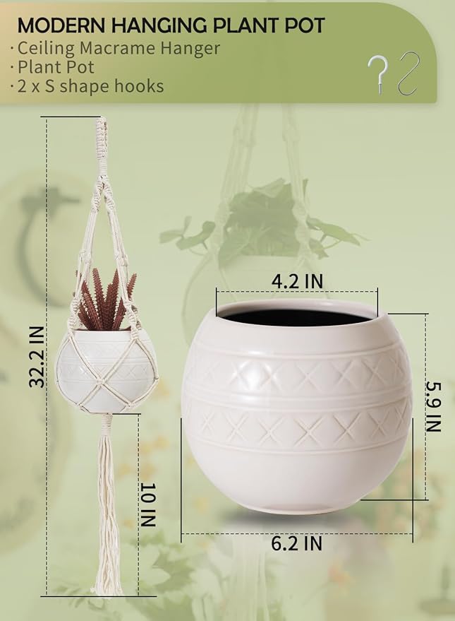 TAMAYKIM 6 Inch White Hanging Planter with Durable Rope - Drum Shape Flower Pot for Indoor Outdoor Plants, Balcony Garden Decor (Plants Not Included)