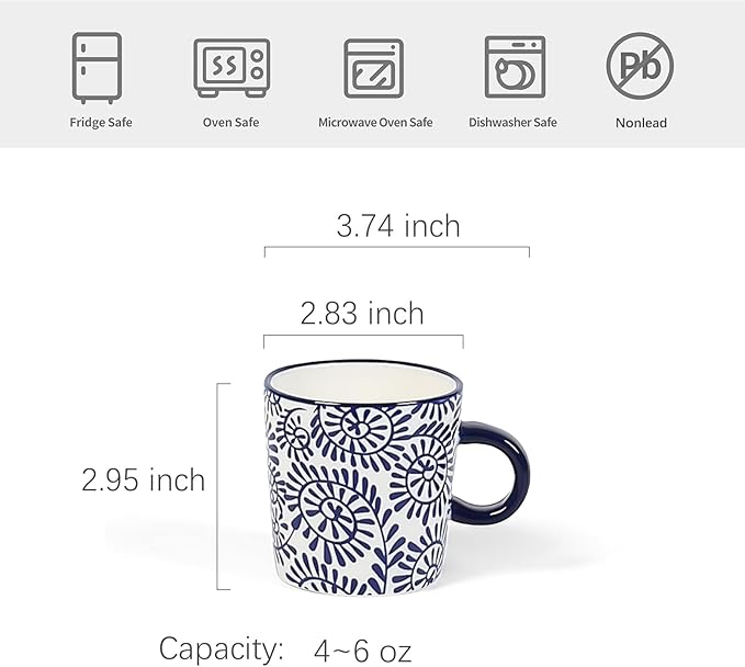 Selamica Ceramic Espresso Cups Set of 4, 5 Oz Espresso Mugs Porcelain Cappuccino Cups, Demitasse Cups for Coffee Latte Lungo Tea, Vintage Blue