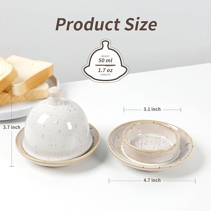 Butter dish, Ceramic Small Butter Dish with Lid, 2026 NEW Original Design Mini Butter Crock Keeper with Handle, 17 OZ Mini Butter Container Cover and Water Sealing 2 Ways Sealing (Speckled Off-White)