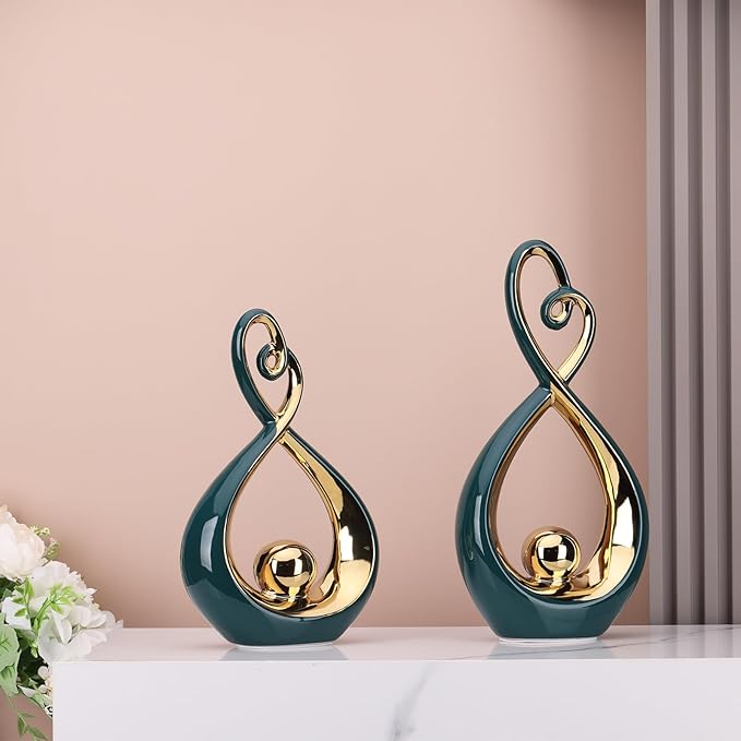 DOVDOV Modern Art Home Decor Statues, Unique Ceramic Abstract 2 Piece Set with Teal and Gold Accents for Home Decor Statues for Rooms, Bookshelves, Coffee Tables with Decorative Aesthetics.