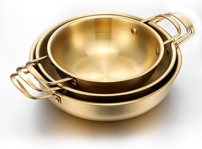 3 Korean Ramen Noodle Pot with Handles, Stainless Steel Everyday Pan, Golden Korean Cooking Pot for Soup, Noodle, Pasta, Home and Outdoor, Dishwasher Safe, Size 7", 8.7", 9.5"