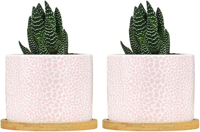 Pink Leopard Print Ceramic Planter African Animal Stripe Planters for Indoor Plants with Drainage Holes and Saucers Pot for Home Desktop Office Windowsill