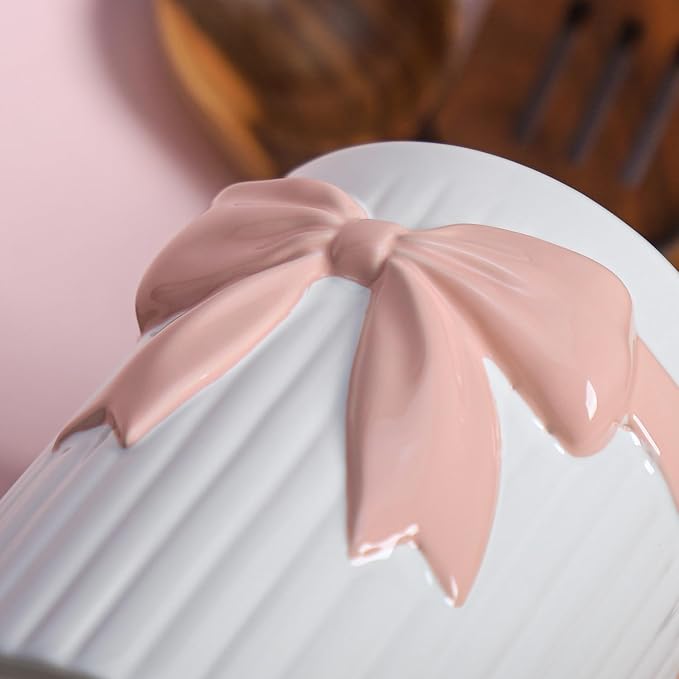 SOCOSY White Ceramic with Pink Bow-knot Kitchen Utensil Holder For Countertop, Large Cooking Utensil Crock Holder Spatula Holder