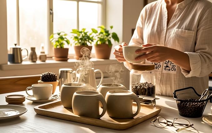 Ceramic Cappuccino Cups with Handle,6 oz Ceramic Coffee Mug Set of 4,Clay Espresso Cup for Double Shots,Small Coffee Cups for Latte,Cafe,Mocha,Tea Cups (Natural Beige,6 OZ)