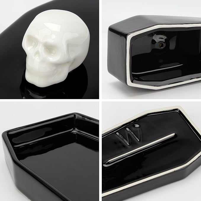 1 Pcs Ceramic Butter Dish with Lid Set, Black Gothic Skull Shape Butter Container Holds for Countertop, Ceramic Gothic Kitchen Utensils Butter Keeper for Table Decor Festivities Party Supplies
