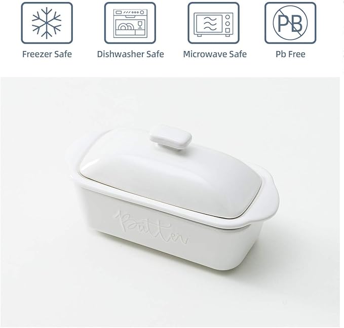 FE Butter Dish, 10 oz Ceramic Butter Keeper with Water Line, French Butter Dish with Lid for Countertop (White)