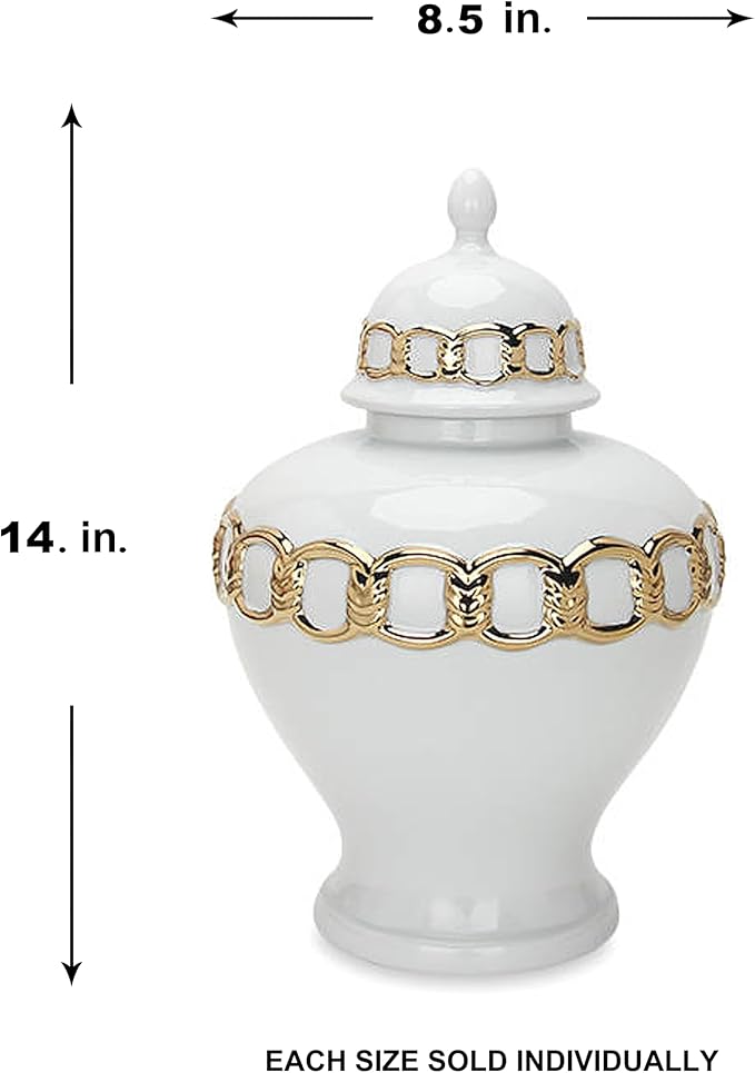 Noori Home - 100% Modern Glam Artisan Ceramic SOPH Small White/Gold Ginger Jar Urns with Lid