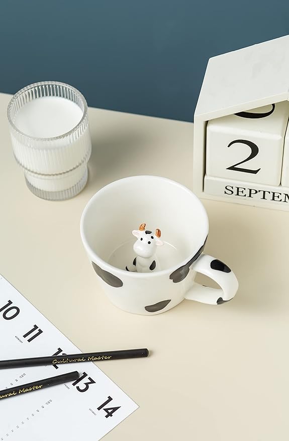 DIHOclub Cow Ceramic Cup Hidden 3D Animal Inside Mug,Cute Cartoon Handmade Figurine Mugs,Holiday and Birthday Gift for Coffee Milk Tea Lovers,12 OZ(White,Black)