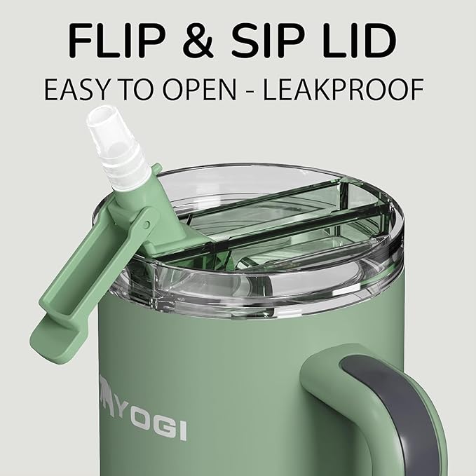 YOGI Ceramic Lined Metal Allergy Safe 40oz Tumbler with Handle and Straw Leakproof Flip & Sip Lid Vacuum Insulated Stainless Steel Travel Cup for Iced Coffee Water and All-Day Hydration 40oz Sage