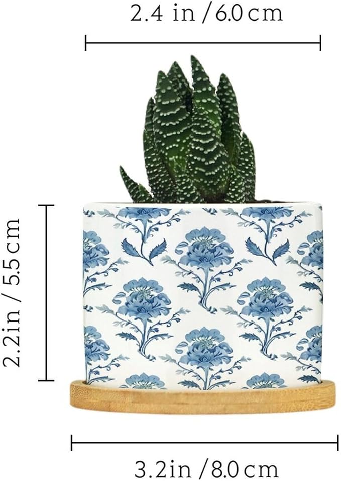 Mughal Flower in Planters Ceramic Blue Floral Round Plant Pot with Drainage Holes and Bamboo Tray Pot for Pots Outdoor Indoor Plants