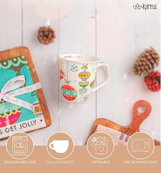 Karma, 16 oz Boho Holiday Mug - Cute Christmas Coffee and Tea Mug - Colorful Ceramic Coffee Mugs for Women and Men, Ornament